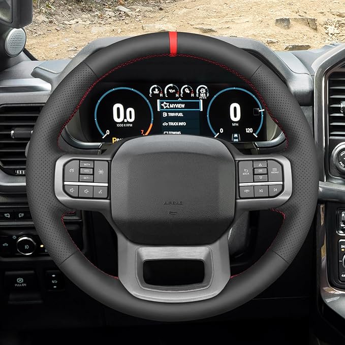 MEWANT DIY Black Genuine Leather Steering Wheel Cover Wrap for Ford F150 Lightning F350 F450 Expedition 2022-2024