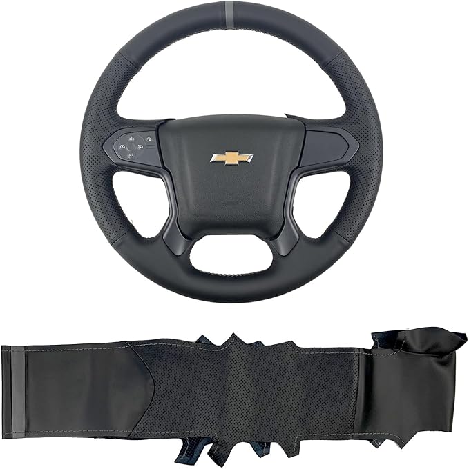 Hand-Sewing Steering Wheel Wrap Cover Black Perforated Leather/Grey Marker Strip Wrap Interior Protection Accessories for Chevrolet Suburban/Chevy Tahoe/GMC Yukon/GMC Sierra 2015 2016 2017 2018