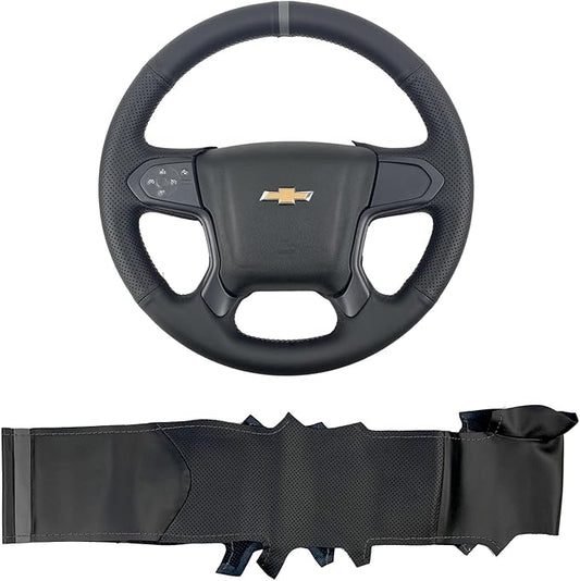 Hand-Sewing Steering Wheel Wrap Cover Black Perforated Leather/Grey Marker Strip Wrap Interior Protection Accessories for Chevrolet Suburban/Chevy Tahoe/GMC Yukon/GMC Sierra 2015 2016 2017 2018