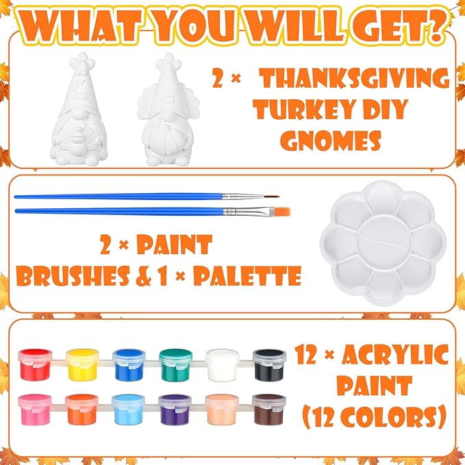 Hollowfly 2 Pack Fall Ready to Paint Your Own Gnome Statues 4" Thanksgiving Turkey Gnomes Blank Pumpkin Unpainted Ceramics Figurines Craft DIY Art with Brush Palette Paint for Adults