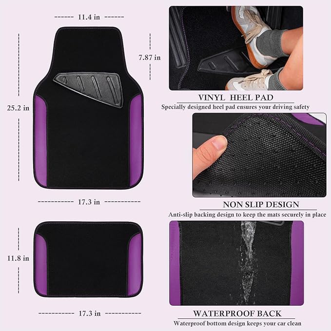 CAR PASS Faux Leather Steering Wheel Cover and Waterproof Car Floor Mats,Universal Car Combo Fit for 95% Sedan,SUV,Cars,14.5-15inch Sporty Anti-Slip Safety Comfortable Design(Black＆Purple)