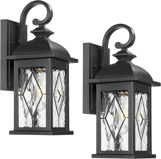 FEMILA 15" Exterior Wall Sconce, 2-Pack Outdoor Waterproof Wall Lights Fixture, Anti-Rust Matte Black Finish with Water Ripple Glass,4FD54B-2PK BK-SD