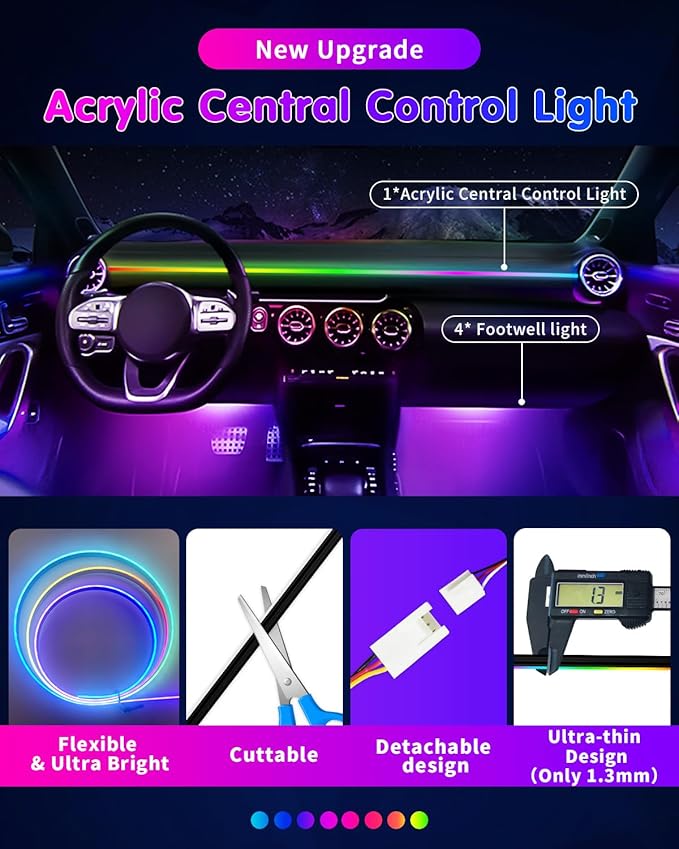 Car Led Light Interior, RGB Dreamcolor Inside Car Light Music Sync, Under Dash Footwell automotive Strip Light, 12V Acrylic Strip Light for Vehicle, Truck,Jeep, SUV with Car Charger(1set)