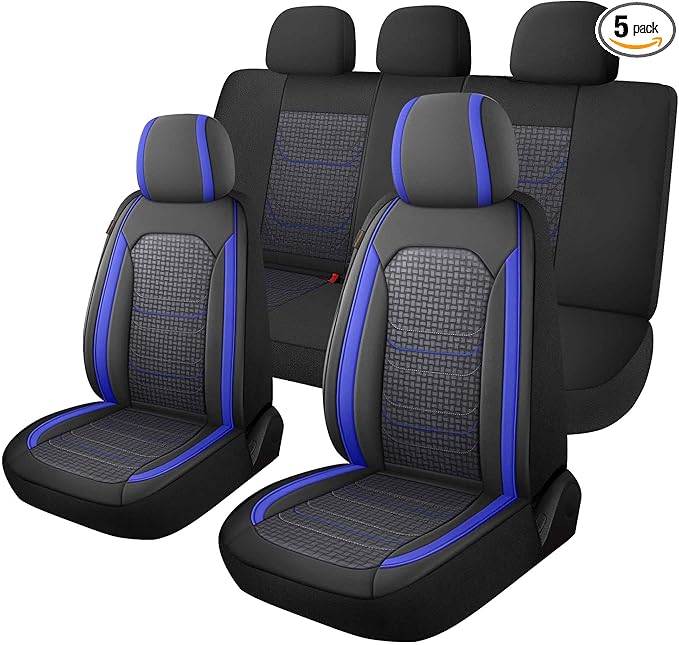 CAROMOP Premium PU Leather&Flannel Car Seat Covers Full Seats,Split Bench Compatible Car Interior Covers, Universal Fit Most Car Sedan Truck SUV(5-Seat Black/Blue)