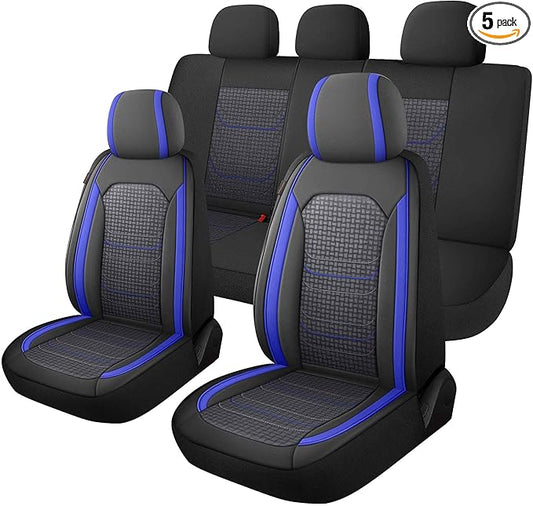 CAROMOP Premium PU Leather&Flannel Car Seat Covers Full Seats,Split Bench Compatible Car Interior Covers, Universal Fit Most Car Sedan Truck SUV(5-Seat Black/Blue)