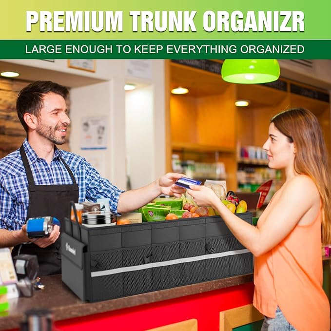 K KNODEL Car Trunk Organizer with Lid, 3 Compartments Collapsible Car Trunk Storage Organizer, Large Car Organizer and Storage for SUV, Truck, Sedan (Large, Black)