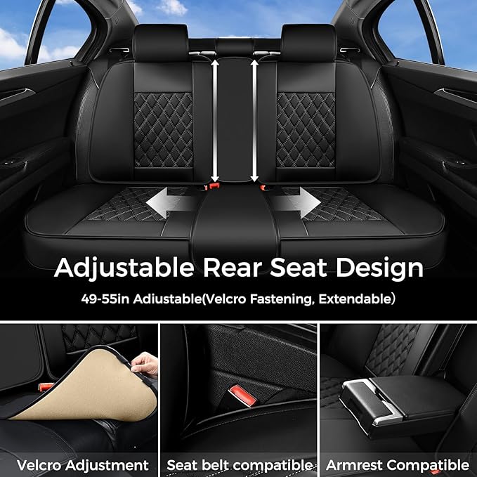 Huidasource Car Seat Covers Full Set, Nappa Leather Seat Covers, Front & Split Rear Bench Car Seat Cover, Zipper, Velcro Adjustable, Universal Fit for Most Cars, Vans, Trucks, SUVs (Full Set/Black)