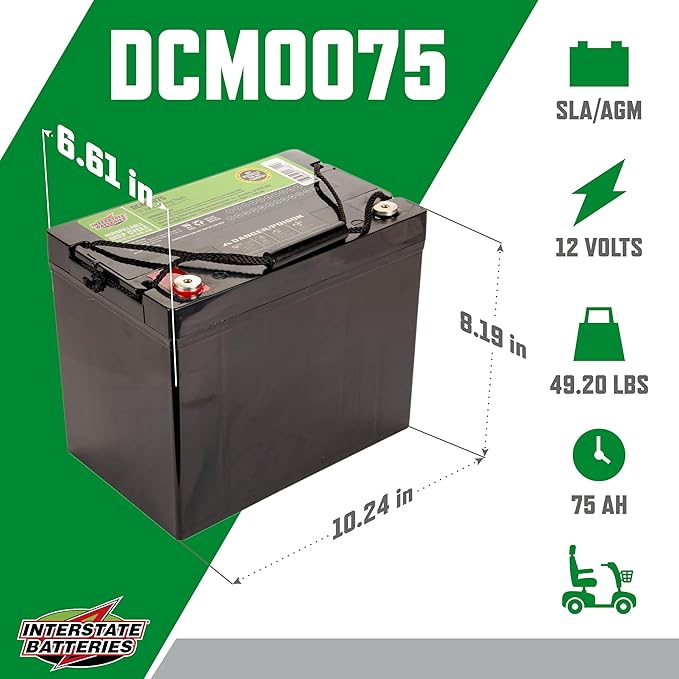 Interstate Batteries 12V 75Ah Deep Cycle Mobility Battery Group 24 VRLA SLA AGM (Insert Terminal) Rechargeable Replacement for Wheelchairs, Scooters, Medical Devices, Sump Pumps (DCM0075)