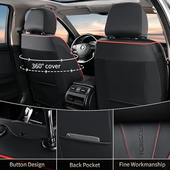 FLORICH Leather Seat Covers, Car Seat Covers Front Seats Back Seat Cover 5 Seats Automotive Seat Covers Leather Seat Covers for Cars Universal Fit for Most Cars SUV Trucks, Black&Red Line