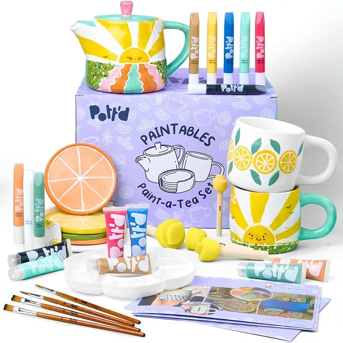 Pott’d Paintables Paint-a-Tea Set, DIY Pottery Painting Kit for Adults with Teapot, Mugs, Coasters, Paints, Brushes, Sponges, Palette and Guide, Craft Kit for Beginners and Tea Lovers