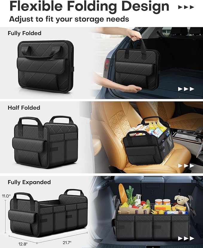HOTOR Trunk Organizer for SUV – Foldable & Portable Car Organizers and Storage with 2 Compartments, Large Capacity Car Trunk Organizer Car Accessories for Truck Sedan, Black, 21.7" x 12.8" x 11.0"
