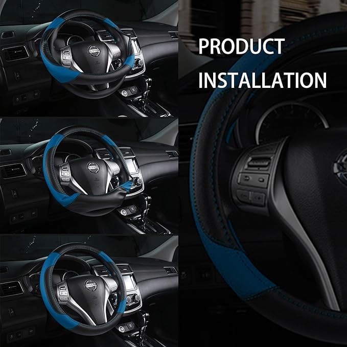 Leather Car Steering Wheel Cover, Non-Slip Car Wheel Cover Protector Breathable Microfiber Leather Universal Fit for Most Cars (Blue-2)