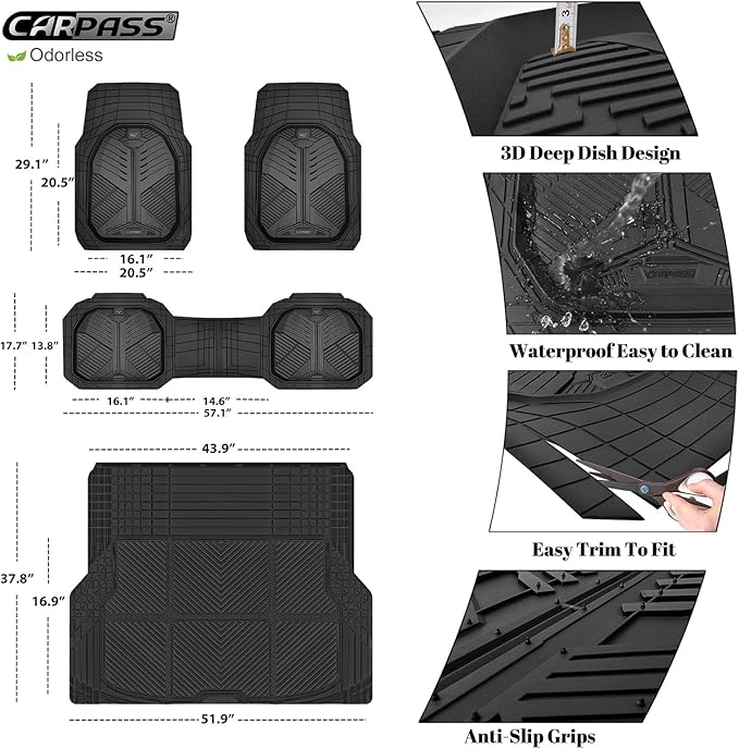 CAR PASS Heavy Duty Rubber Car Mats with Cargo Liner, Deep-Dish Car Floor Mats and Trunk Mat All Weather, Universal Trim-to-Fit for SUVs Trucks Sedans, Waterproof Anti-Slip, Trimmable V12 Black