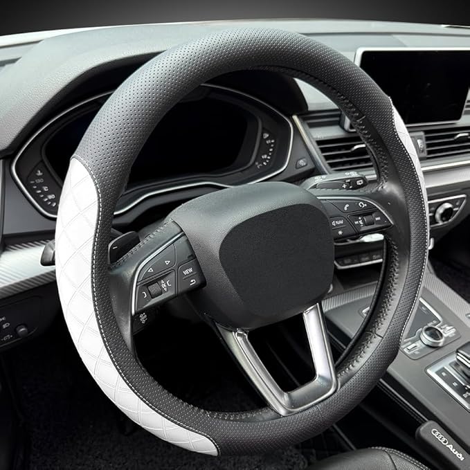 LKWLIKEI Nappa Leather Steering Wheel Cover, Elegant Diamond Checkered Design, Non-Slip wear-Resistant, Enhance Driving Comfort, Suitable for Steering Wheel Diameter 14 1/2‘-15’ Models.Black White