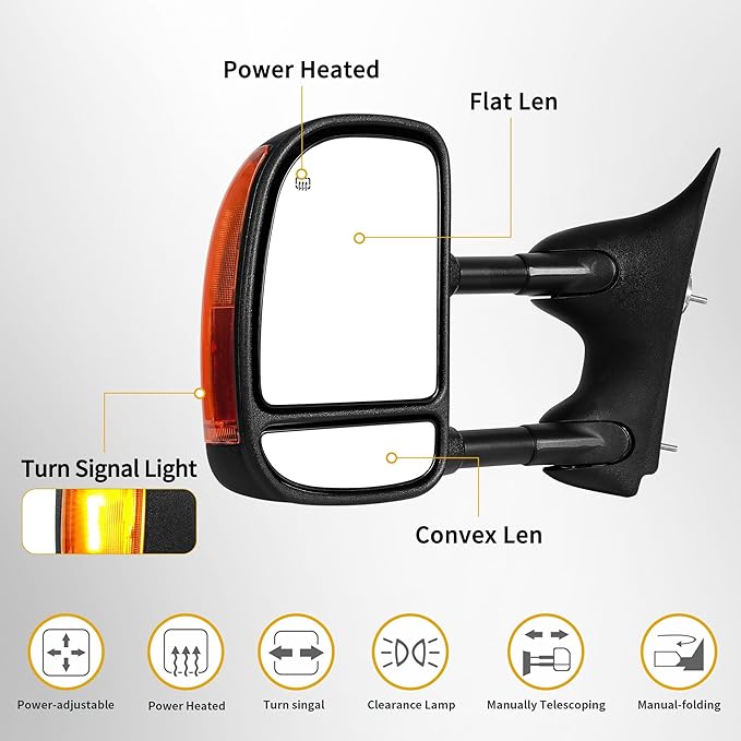 DWVO Towing Mirror Compatible with 1999-2007 F250 F350 F450 F550 Super Duty, 2001-2005 Excursion, Tow Mirror with Power Control Heated Manually Folding Telescoping Black
