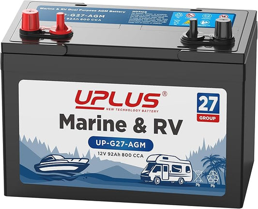 UPLUS BCI Group 27M Dual Purpose Marine Battery, 12V 92Ah 800CCA AGM Starting and Deep Cycle Boat & RV Batteries for Navigation Devices, Lights and Engines