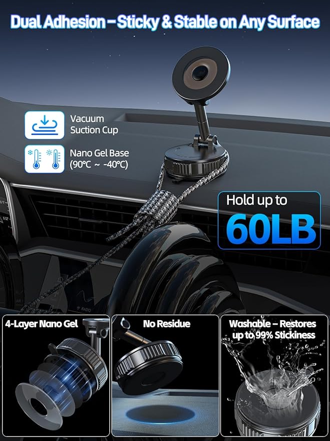 Light Face Nano Gel Vacuum Magnetic Phone Holder, 360° Adjustable Dashboard Hands-Free Suction Cup Phone Mount for Car/Gym/Mirror/Smooth Surface, Compatible with iPhone and Android (Black)