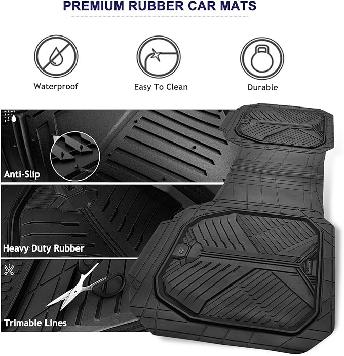 CAR PASS Heavy Duty Rubber Rear Car Mat, Deep-Dish Odorless Car Floor Mats All Weather, Universal Trim-to-Fit for SUVs Trucks Sedans, Waterproof Anti-Slip, Black