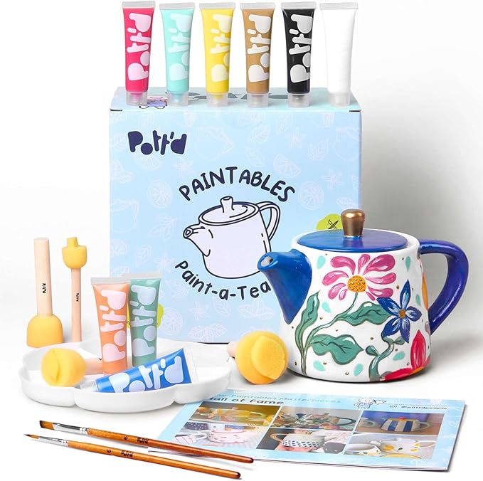 Pott’d Paintables Paint-a-Teapot Kit, DIY Pottery Painting Kit for Adults with Teapot, Paints, Brushes, Sponges, Palette and Guide, Craft Kit for Beginners, Ideal for Tea Lovers and Handmade Gifts