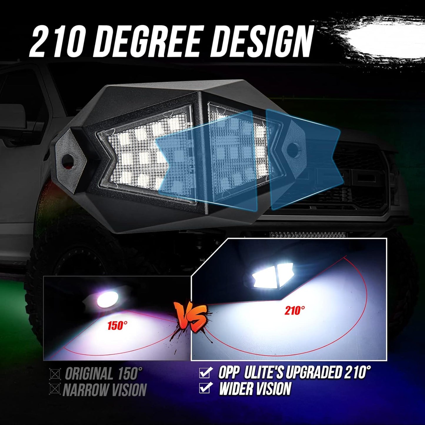OPP ULITE Dream Chasing Color Led Rock Lights, 210° Luminous RGB & Pure White, Smartphone APP & RF Remote Control RGBW Underglow Interior Light for Jeep Truck SUV Car JK UTV ATV RZR Offroad Boat, 8Pod