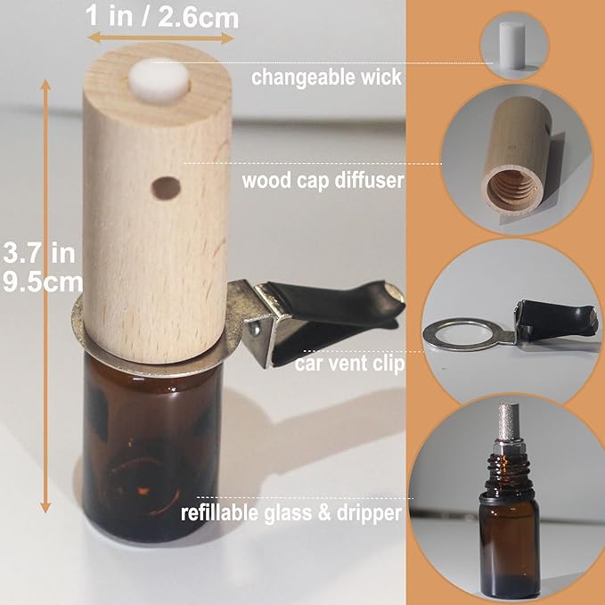 2-set Refillable Lemon Car Scent 60 Days’ Odor Fighting Non-toxic Strong Natural Fragrance, Vent Clip Wood Diffuser & Pure Essential Oils Auto Air Freshener (2x Beech Diffuser + 2x10ml Oil)