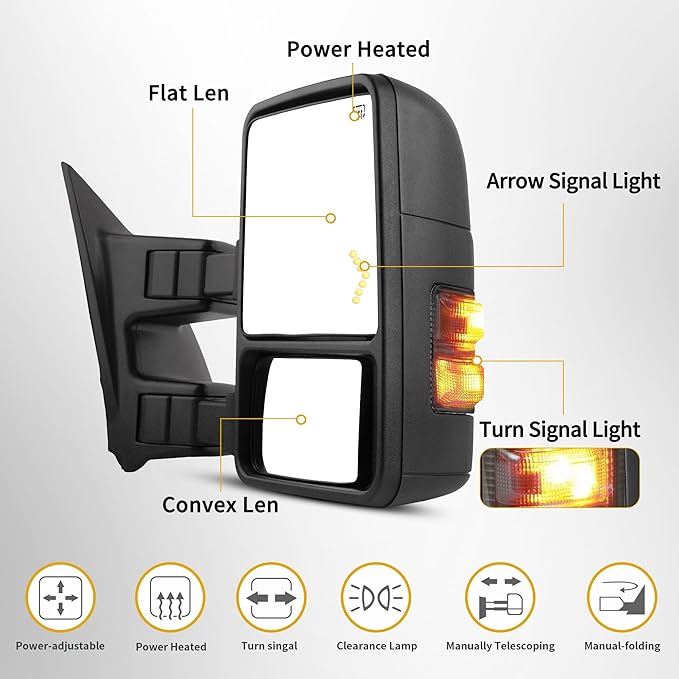 DWVO Towing Mirror Compatible with 2008 2009 2010 2011 2012 2013 2014 2015 2016 Ford F250 F350 F450 F550 Super Duty, Right Passenger Side Mirror with Power Heated Manual Folding