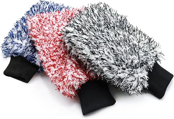 Microfiber Car Wash Mitt - 3 Pack Scratch Free Mitts with Blue, Red and Black, Machine Washable, Lint Free, 10 Inch X 8 Inch Glove