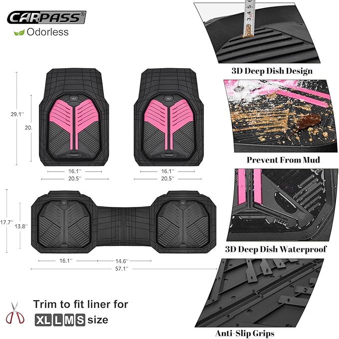 CAR PASS Heavy Duty Rubber Car Mats, Deep Dish Car Floor Mats All Weather, Car Mats Full Set 3-Piece Trim to Fit for Sedans SUVs Trucks,Women Waterproof Anti-Slip Automotive Mats, V12 Black and Pink