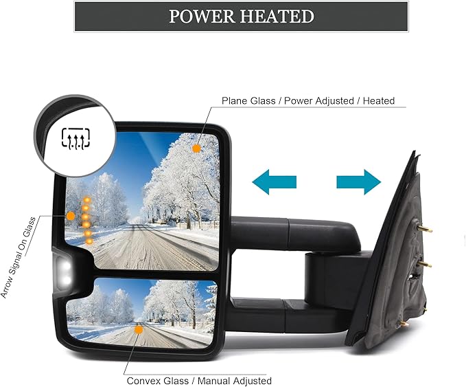 ReYee Towing Mirrors for 2014-2019 Chevy Silverado 1500 2500 3500 GMC Sierra with Heated Power Arrow Light Turn Signal Light Auxiliary Lamp Manual Fold Telescoping Chrome Cap
