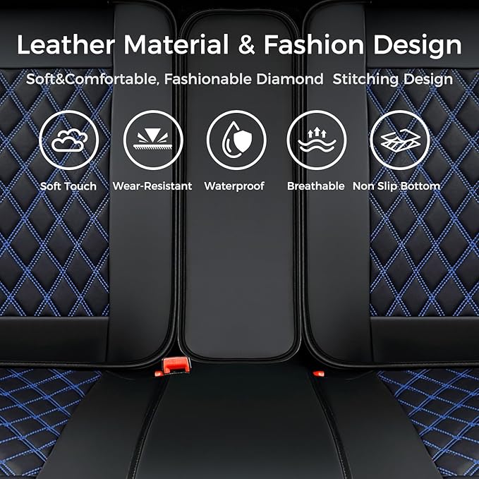 Huidasource Rear Bench Seat Covers for Cars, Waterproof Split Back Seat Cover, Leather Seat Cushion Protector Universal Fit for Most Cars Sedan SUV Pickup Truck (Back Row/Black & Blue)