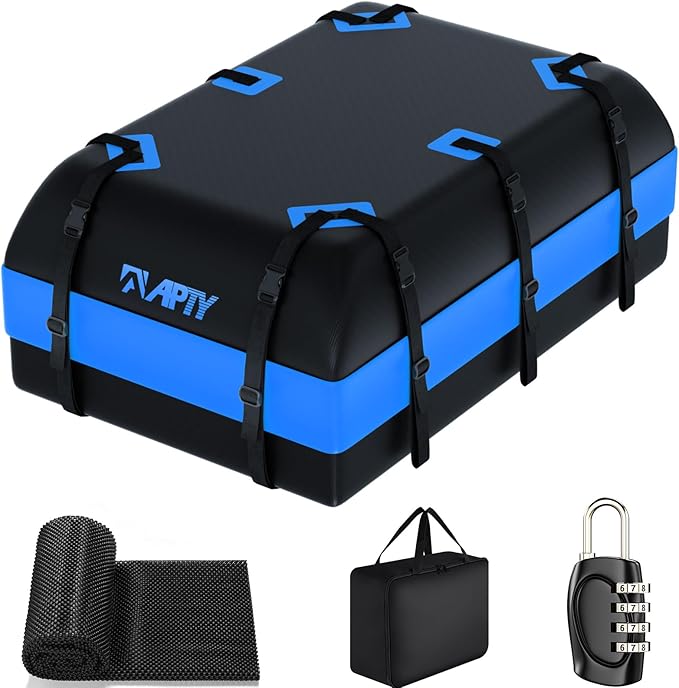 23 Cubic Feet Car Rooftop Cargo Bag Carrier, Soft Roof Top Luggage Bag for All Vechicles with/Without Racks - with Waterproof Zip, Luggage Lock, Anti-Slip Mat, Storage Bag, Door Hooks, Blue