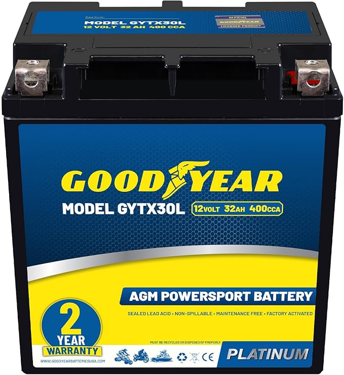 Goodyear GYTX30L - 12 Volt 32 AH, 400 CCA, Rechargeable High-Performance, Maintenance Free, SLA - AGM Battery for Motorcycle, ATV, UTV, Scooter, Snowmobile, Motorbike and more!