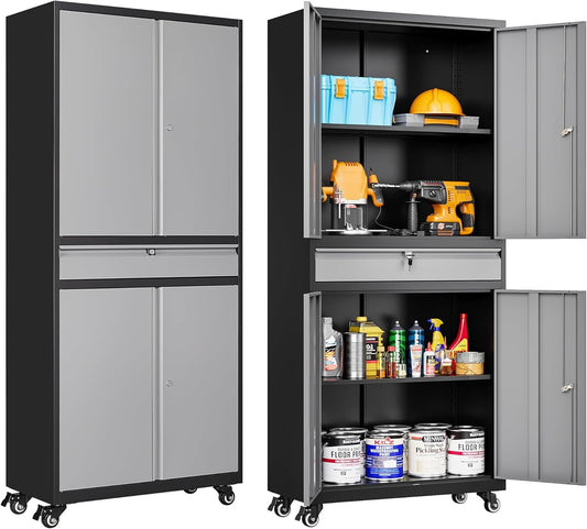 Metal Garage Storage Cabinet with Wheels and Drawer,Gray Rolling Garage Cabinet with Locking Doors and Adjustable Shelves,73" Tall Mobile Metal Storage Cabinets on Wheels for Home,Office,Garages,Tool