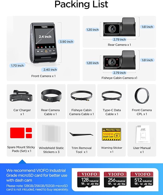 VIOFO A329S 4K 3 Channel Dash Cam, 4K Front + 2K Cabin Fisheye (210°) + 2K Rear, Power Saving Parking Mode, Wi-Fi 6 App Control, All-Channel STARVIS 2 Sensors, Supports up to 4TB SSD Storage