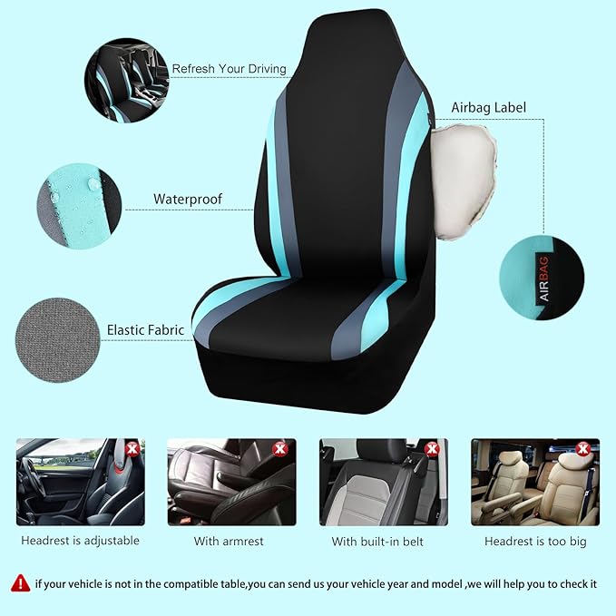 CAR PASS AquaShield Neoprene Waterproof Car Seat Covers Front Seats Only, High Back Bucket Seat Covers,Airbag Compatible,Seat Covers for Women Girl, Universal Fit for Auto Truck Van SUV (Black Mint)