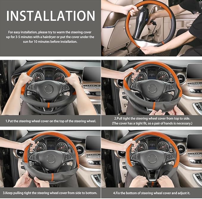 COFIT Breathable Car Steering Wheel Cover 15 inch Auto Universal Leather Wrap Non-Slip Steeringwheel Protector Automotive Interior Accessories, Orange (Suit for 14.5-15 inch)