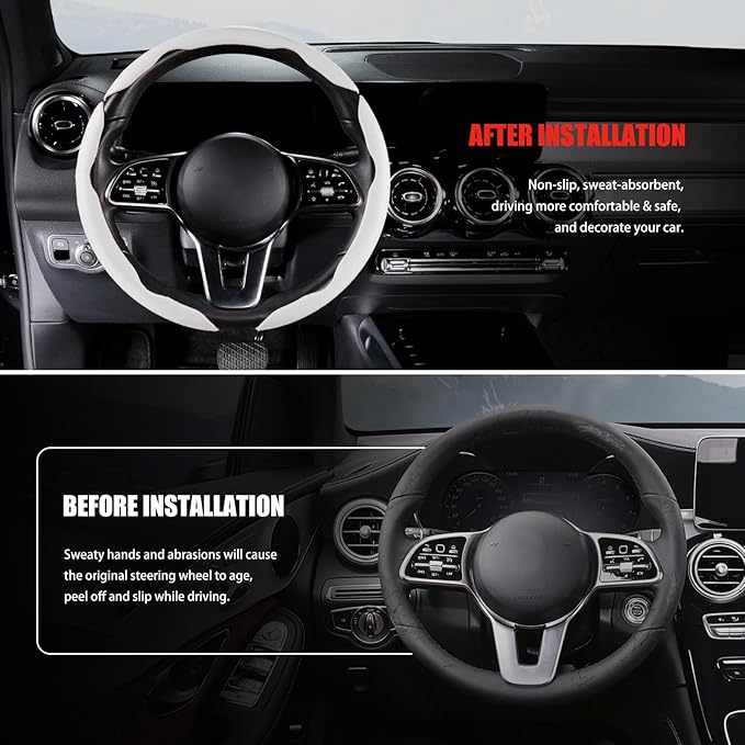 Nappa Leather Car Steering Wheel Cover for Men Women, Ultra-Thin Non-Slip Breathable Microfibre, Universal for 14.5"-15" Steering Wheel - White