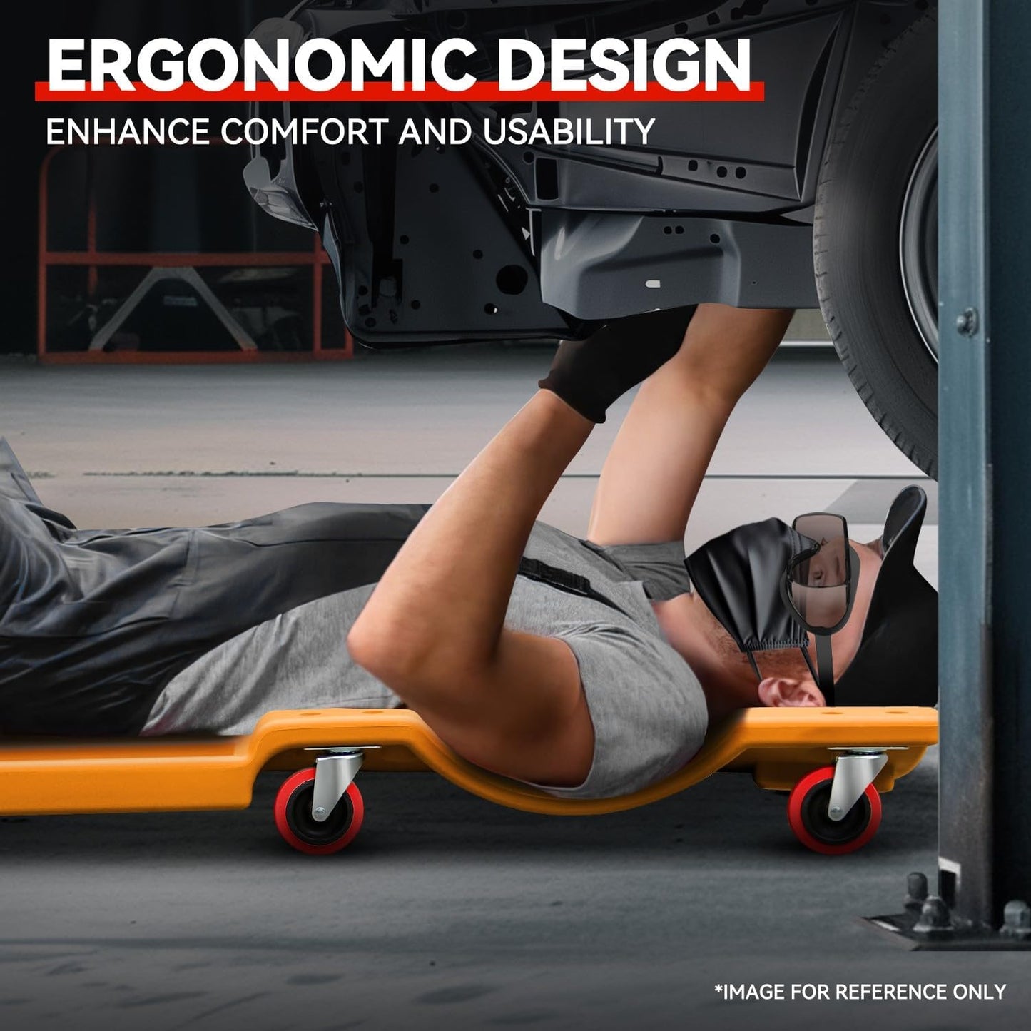 Auto Dynasty 36 Inches Mechanic Creeper, Automotive Garage Repair Low Profile Under Car Rolling Creeper with Padded Headrest, Plastic, Orange