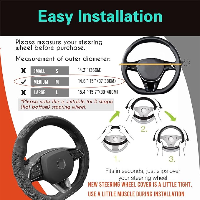 PINCTROT D Shaped 14.5-15 Inch Steering Wheel Cover Great Grip with 3D Honeycomb Anti-Slip Design, Flat Bottom 14.5-15 Inch (All Black)