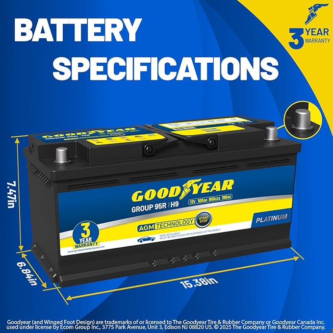 Goodyear 95R-H9-AGM BCI Group Size 95R 12V 100 AH, 190RC, 950 CCA Platinum series Rechargeable AGM Maintenance Free Automotive Battery
