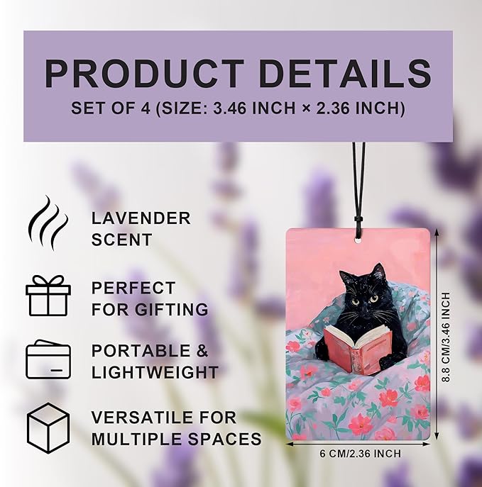 Funny Cat Reader Book Car Air Freshener 4 Pcs, Preppy Pink Floral Black Orange Tabby Cats Bookish Hanging Air Freshener for Car Closet Drawer Books, Girly Car Accessories Mirror Decor for Women