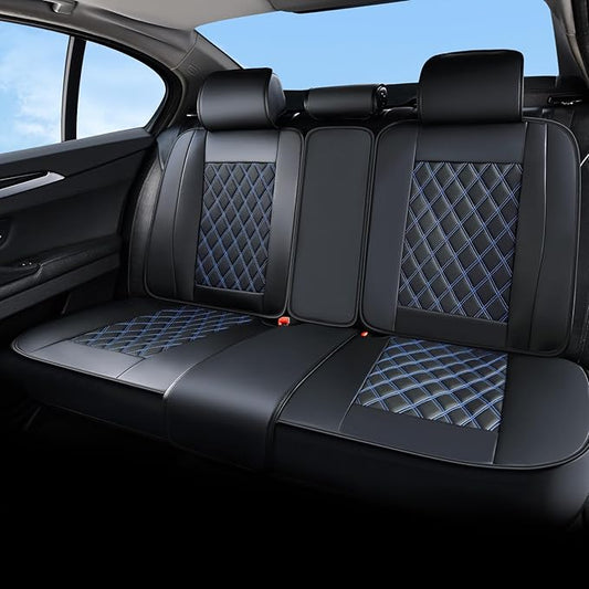 Huidasource Rear Bench Seat Covers for Cars, Waterproof Split Back Seat Cover, Leather Seat Cushion Protector Universal Fit for Most Cars Sedan SUV Pickup Truck (Back Row/Black & Blue)