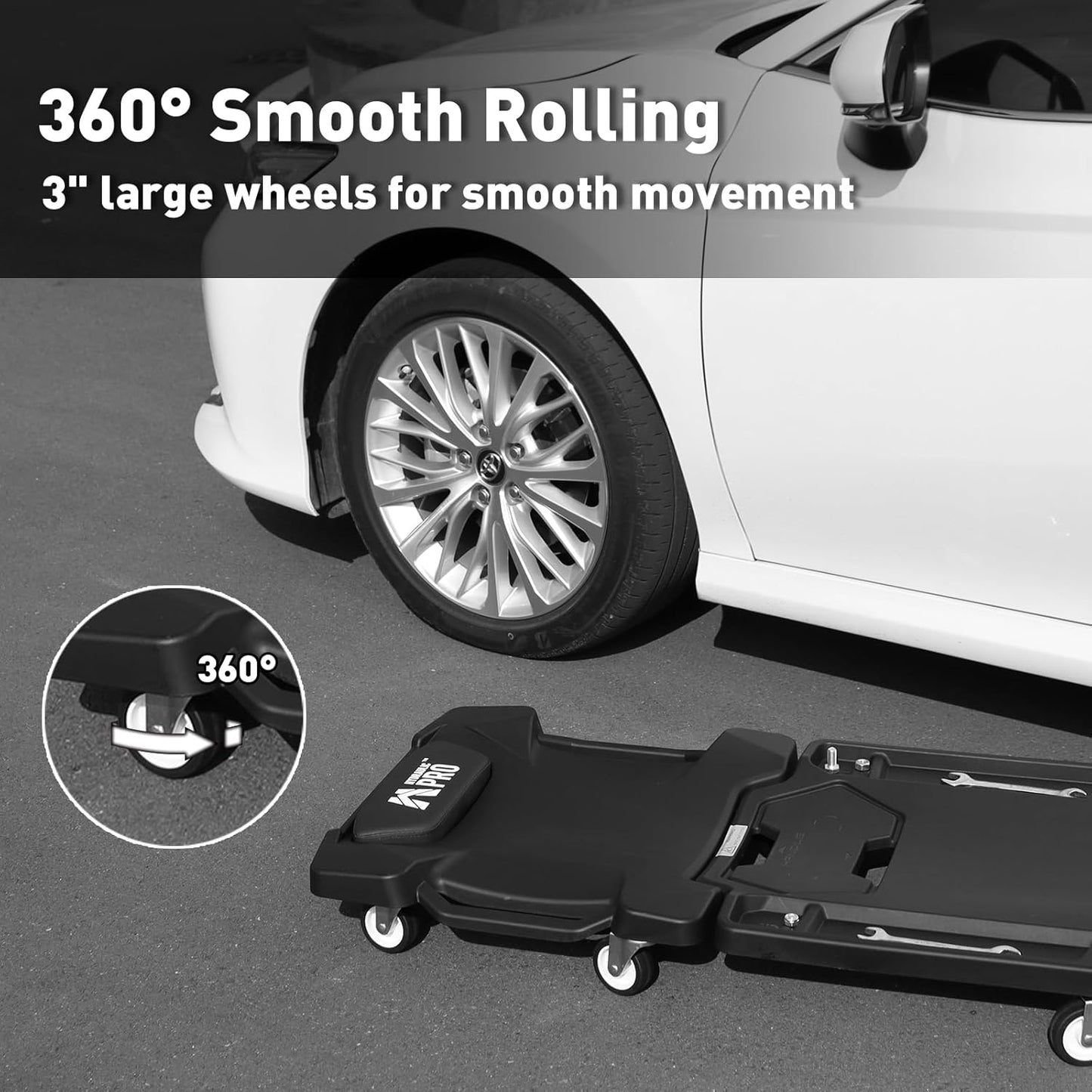 41" Foldable Mechanic Creeper with 6 Swivel Wheels, Low Profile Design with Padded Headrest & Tool Trays, 330 lbs Capacity, Creepers Automotive for Garage Repair