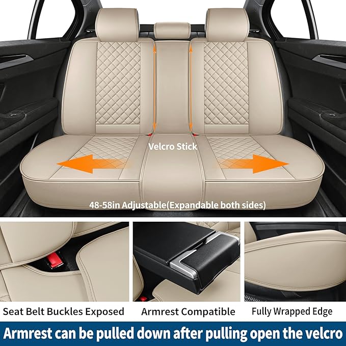 Leather Car Seat Covers Full Set Breathable Automotive Seat Covers Waterproof Seat Protectors Universal Fit for Most Automotive Cars SUV Trucks Van (Beige, Full Set)