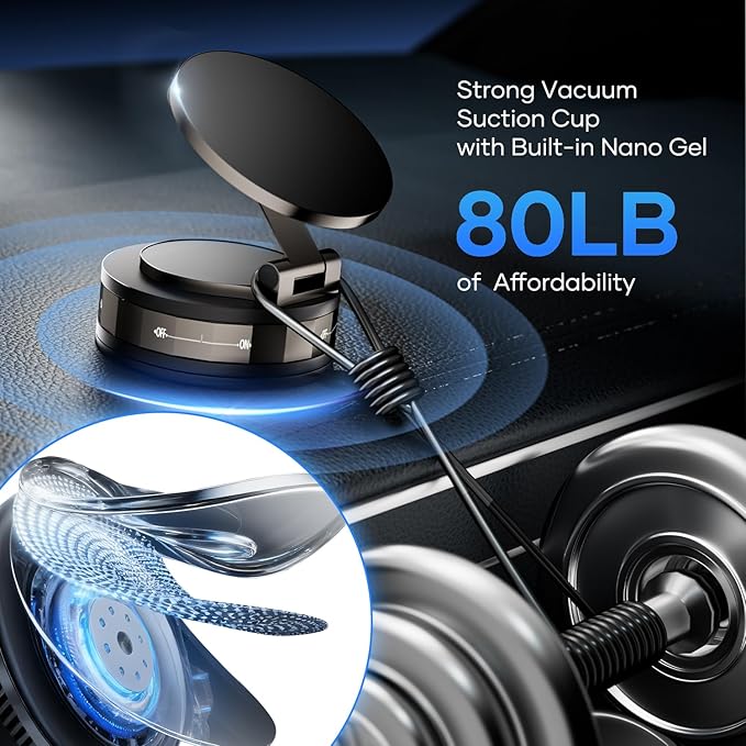 Magnetic Car Phone Holder for Magsafe, 360° Rotatable, 70+LBS Vacuum Suction Cup with Built-in Nano Gel, 3000gf Magnetic Phone Mount for Car, Compatible with Most Phones (Black, 2 Pack)