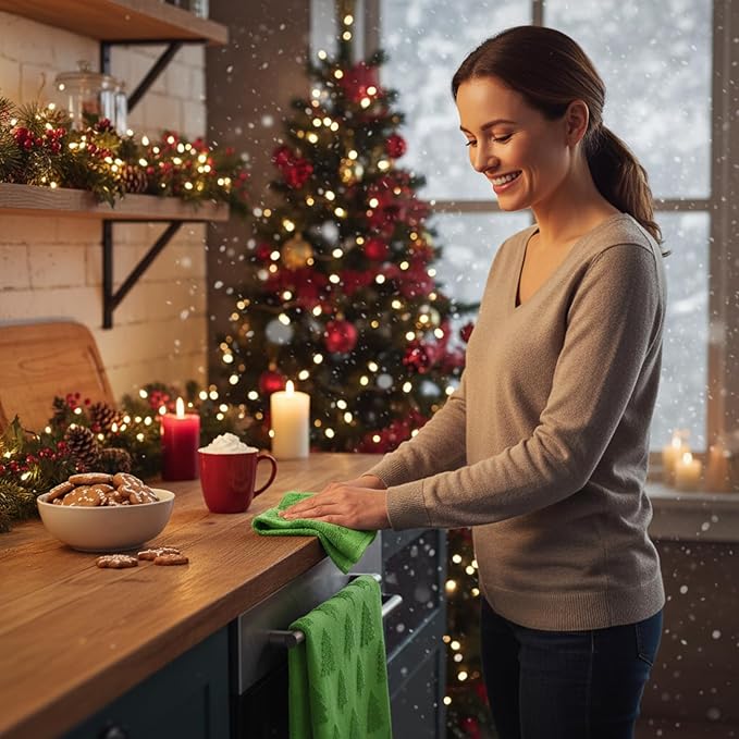 4 Pack Christmas Hand Towels Red Green Holiday Bathroom Face Towels Absorbent 100% Cotton with 3D Jacquard Santa and Christmas Tree Pattern for Decorative Xmas Gift