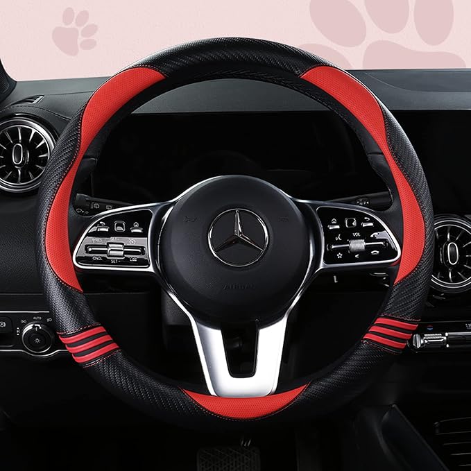 Car Steering Wheel Covers for Women Girl Padded Carbon Fiber PU Leather Cute Cartoon Auto Interior Accessories for Jeep, Truck, Universal, Anti Slip, Red, Large Size 15.5-16"(39-41cm)