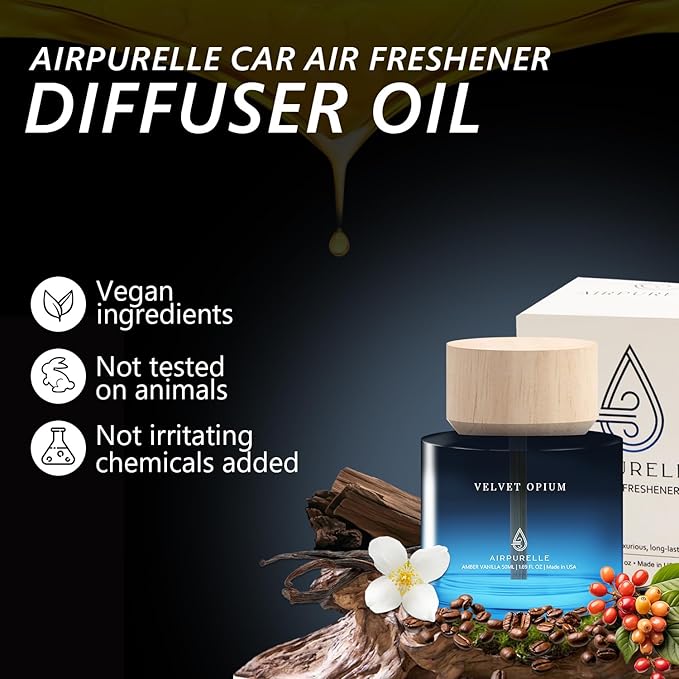 Car Air Freshener for Men & Women – Long-Lasting Amber Vanilla Essential Oil Diffuser for Car Cup Holder – 50ML (1.7 FL OZ) Car Scent Diffuser, Inspired by Perfume – Made in USA