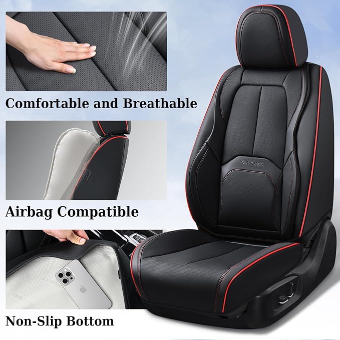 Coverado Car Seat Covers Full Set, Premium Nappa Leather Seat Covers for Car, Waterproof Car Seat Protector with Lumbar Support, Car Seat Cover Universal Fit for Most Cars SUV Truck(Black&Red)
