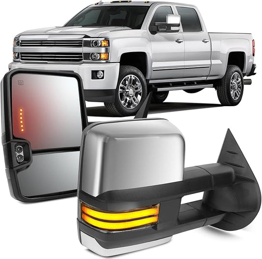 OCPTY Towing Mirrors Power Heated Left Driver Right Passenger Side Tow Mirrors Fit For 2008-2013 For Chevy Silverado For Gmc Sierra All Models With Led Turn Signal Running Light With Chrome